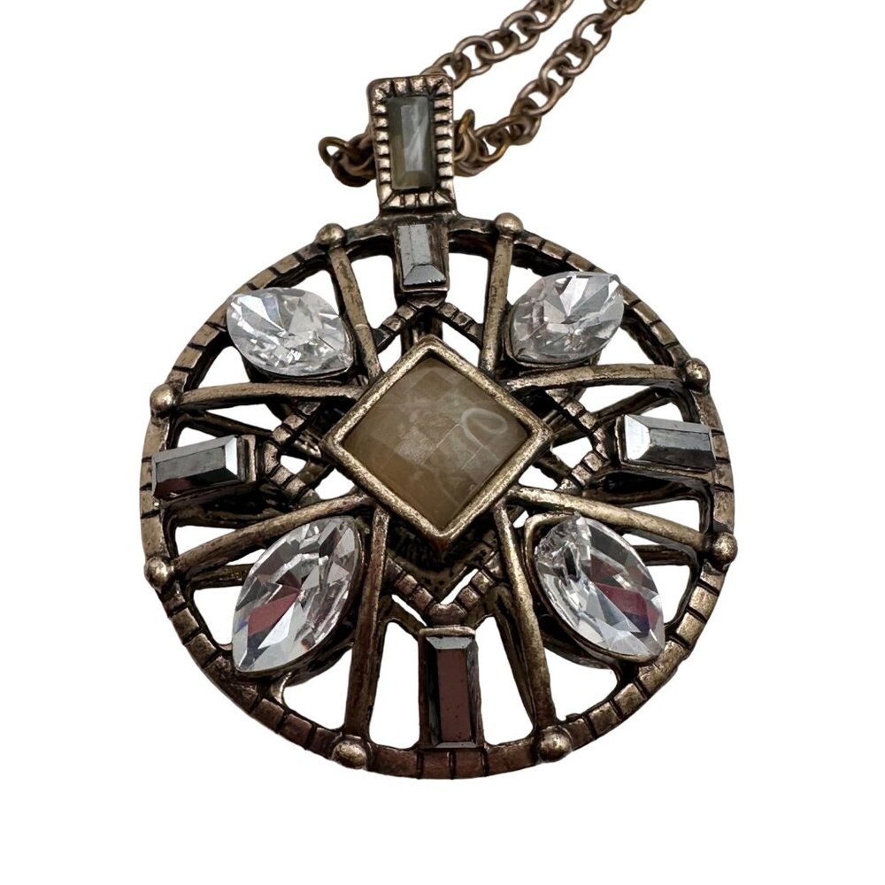 Medallion Pendant Necklace Women 28" Chain Antique Gold Tone Puffed 1.5" Across